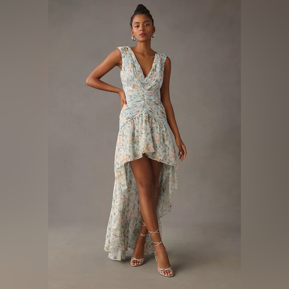 IEENA For MAC DUGGAL Floral Print Ruched Cap Sleeve High Low Gown 6